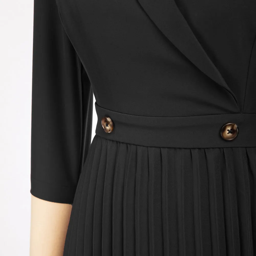 Pleated Dress 3/4 Sleeve Lapel Collar V-Neck Defined Waist A-Line Dress