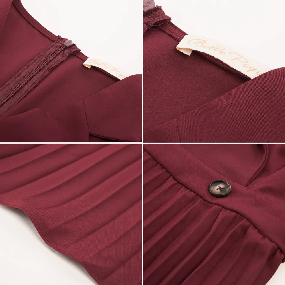 Pleated Dress 3/4 Sleeve Lapel Collar V-Neck Defined Waist A-Line Dress