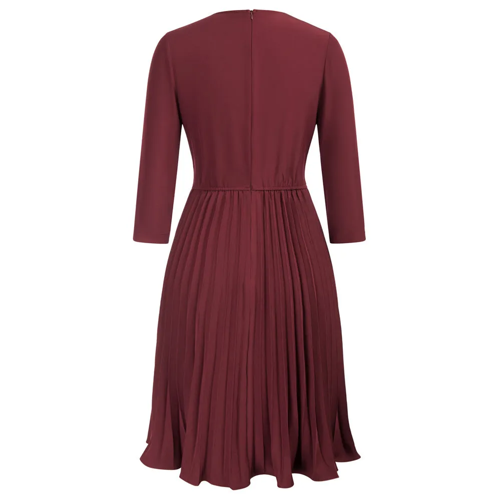 Pleated Dress 3/4 Sleeve Lapel Collar V-Neck Defined Waist A-Line Dress