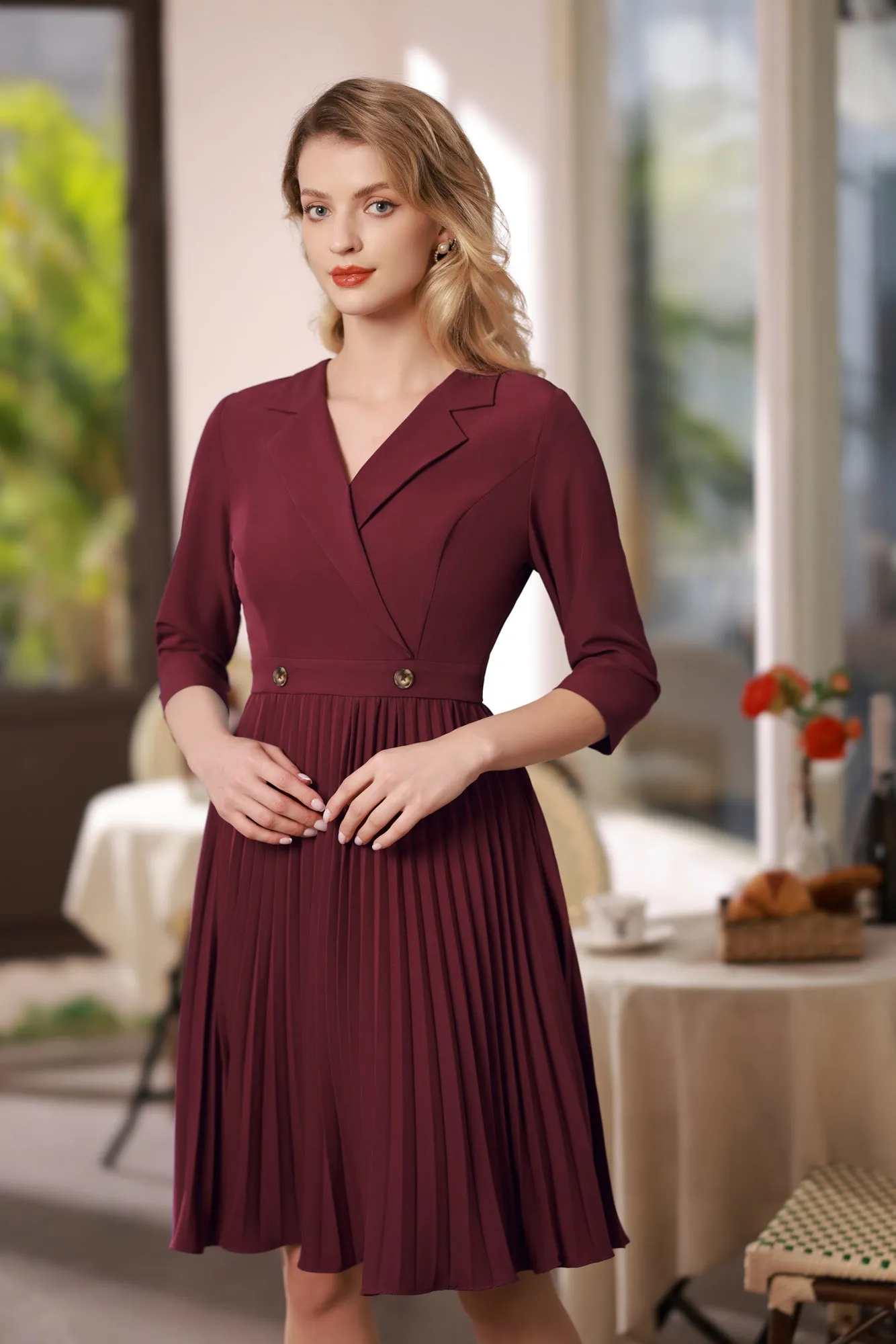 Pleated Dress 3/4 Sleeve Lapel Collar V-Neck Defined Waist A-Line Dress