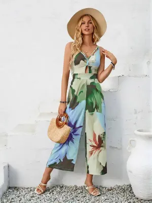 Printed shoulder strap hollow jumpsuit