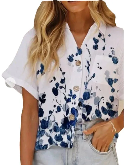 Printed stitching lapel casual short-sleeved shirt