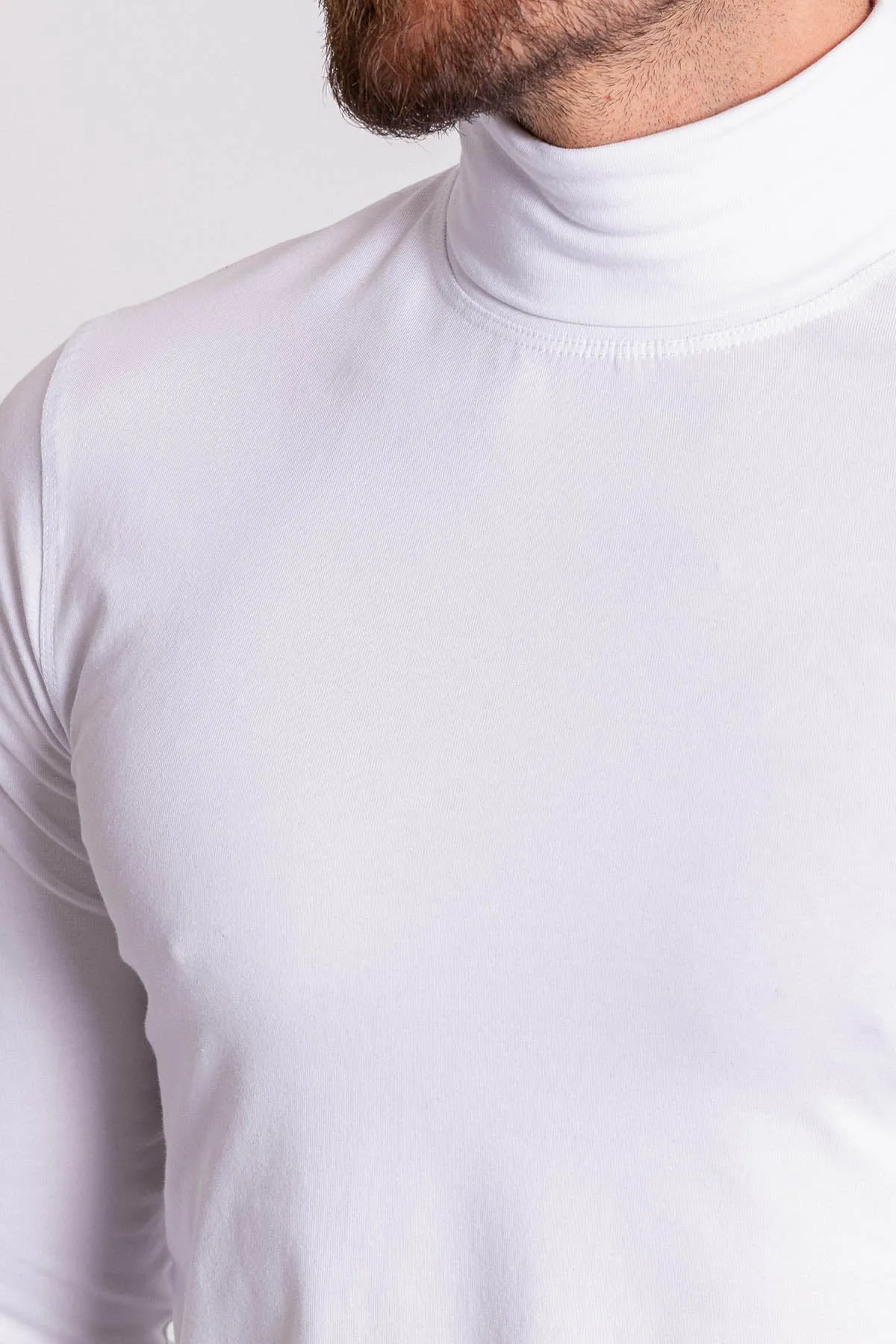 White Cotton And Elastan Fabrics Long Sleeved Turtleneck Casual Mens T Shirt