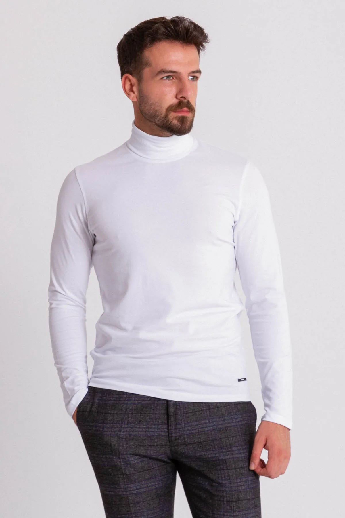 White Cotton And Elastan Fabrics Long Sleeved Turtleneck Casual Mens T Shirt