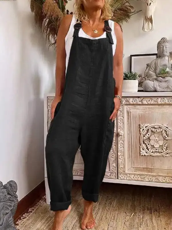 Wide-leg jumpsuit women’s adjustable buckle cotton and linen pocket overalls