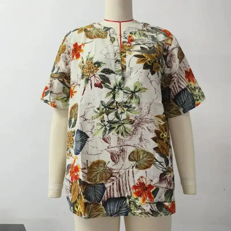 Women Printed Top Floral Print Retro Blouse Casual O-neck Tee Shirt Loose Fit Women’s Summer Tops Long Sleeve Women Tee